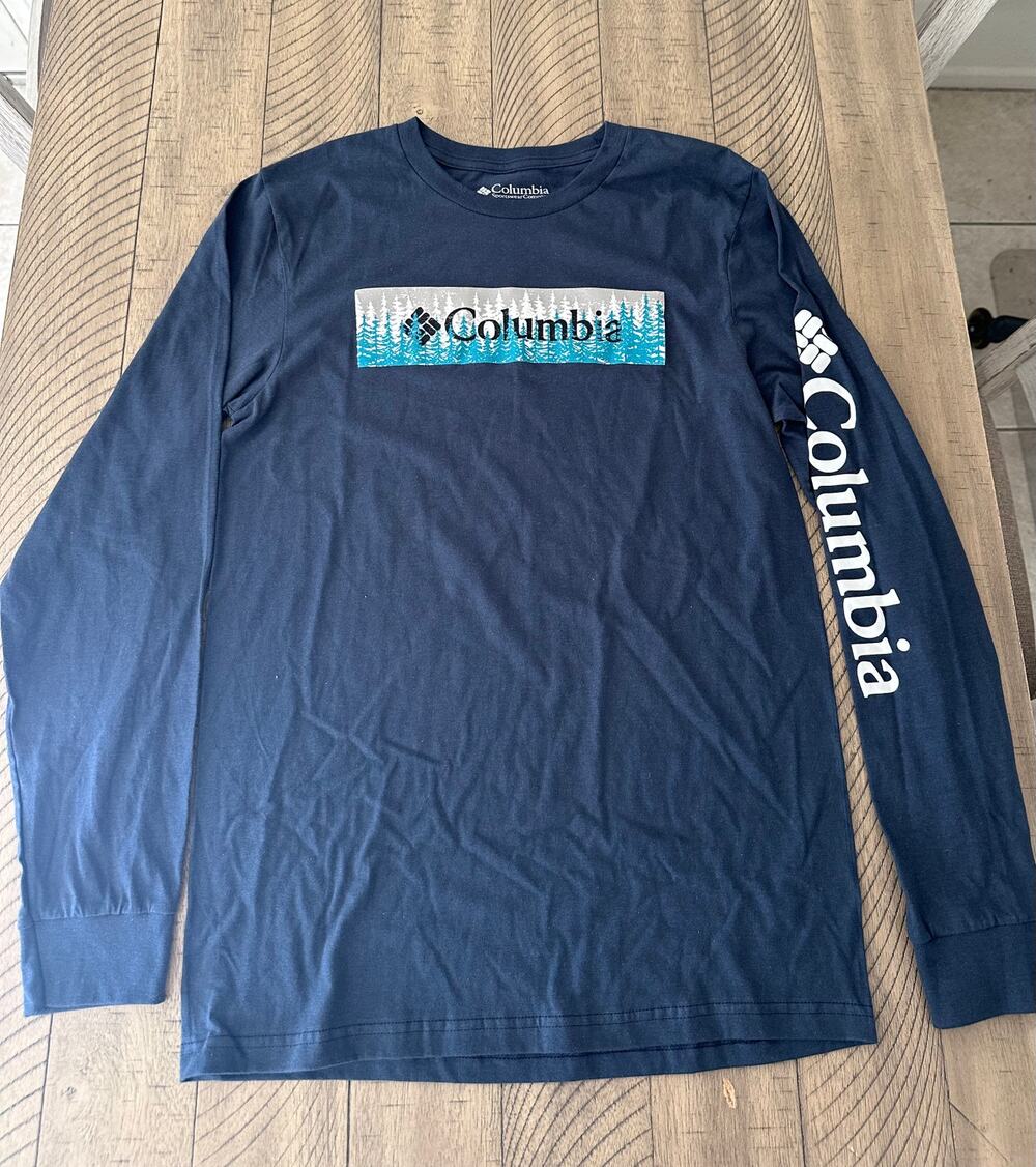Columbia Sportswear Mens Long Sleeve Graphic T-Shirt Navy Blue Size Small Cotton
